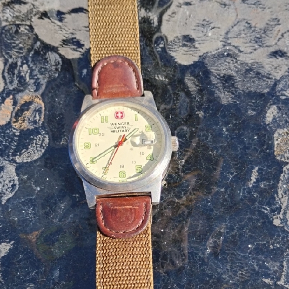 Wenger Men's Silver Watch with Tan and Brown Strap